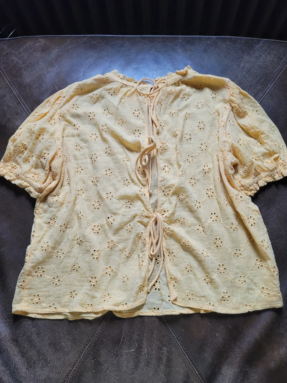 Free People Yellow Eyelet Puff Sleeve Blouse
